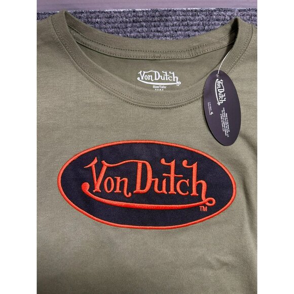 Von Dutch Olive Green T-Shirt M Logo Embroidery Front Print Back Casual Wear Dur - Picture 2 of 5